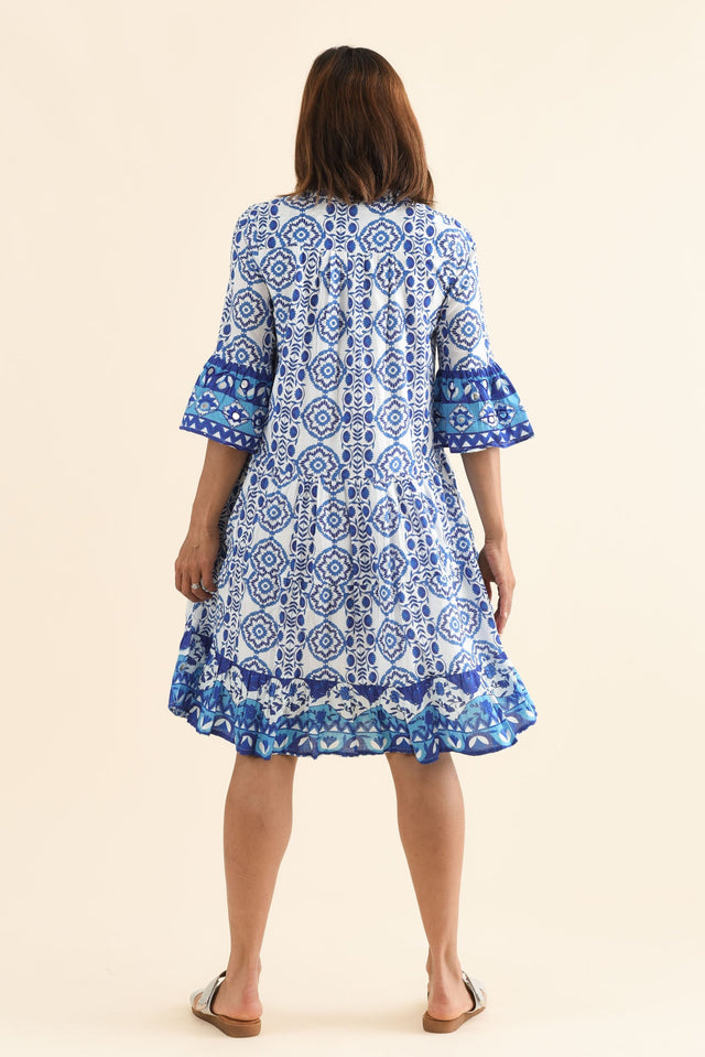 Naja Blue Tile Cotton Pocket Dress,Back,Brunette model,alt text|model:Cara image 4