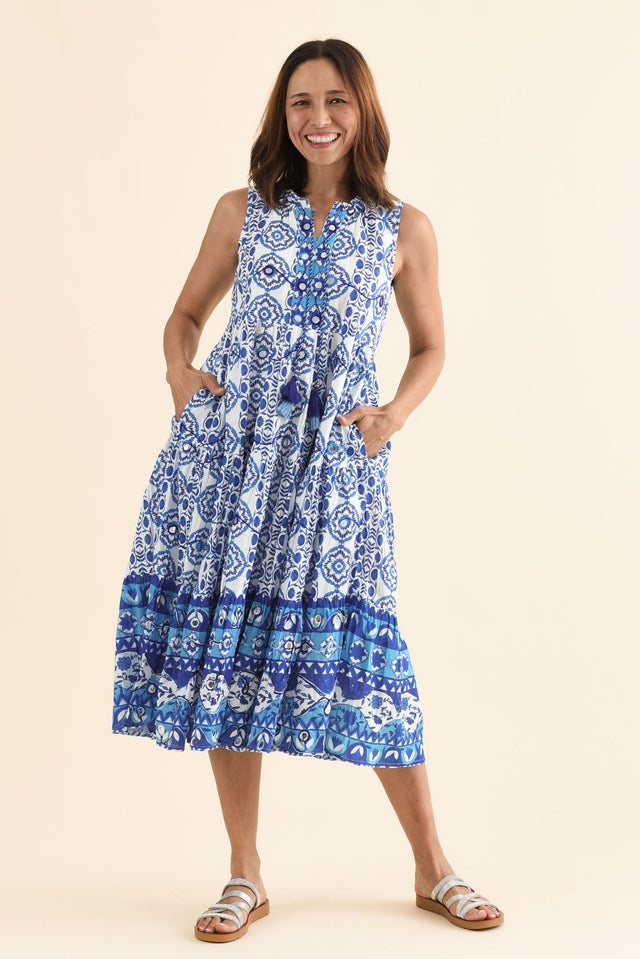Maro Blue Tile Cotton Sleeveless Dress,Front,Brunette model,alt text|model:Cara