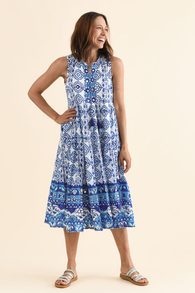 Maro Blue Tile Cotton Sleeveless Dress,Full Body,Brunette model,alt text|model:Cara
