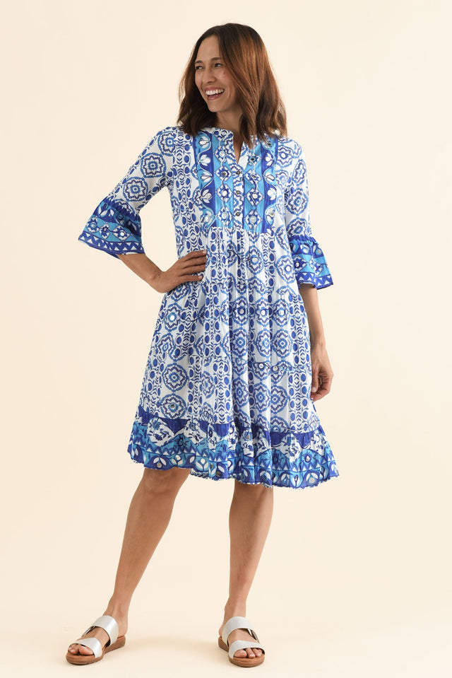 Naja Blue Tile Cotton Pocket Dress,Full Body,Brunette model,alt text|model:Cara image 2
