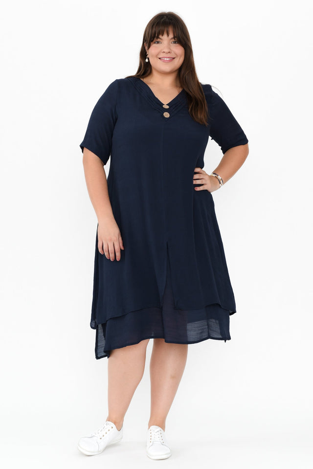Nala Navy Layers Dress,Brunette model,plus-size,curve-dresses,plus-size-sleeved-dresses,plus-size-below-knee-dresses,plus-size-cotton-dresses,plus-size-summer-dresses,alt text|model:Gabby image 9