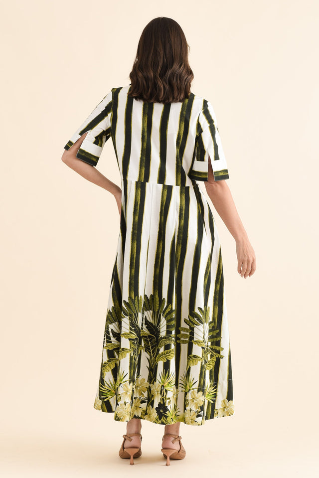 Nalani Green Stripe Palm Cotton Dress,Back,Brunette model,alt text|model:MJ image 4
