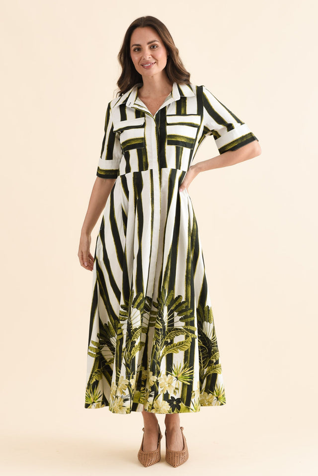 Nalani Green Stripe Palm Cotton Dress,Full Body,Brunette model,alt text|model:MJ image 2