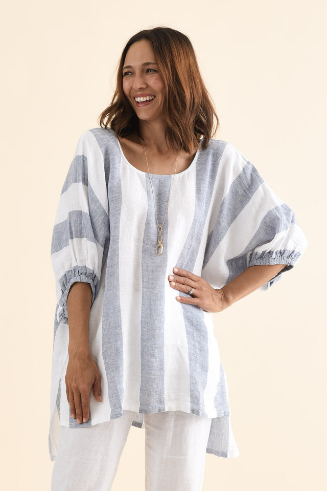 Nassau Steel Stripe Linen Top,Front,Brunette model,alt text|model:Cara image 1