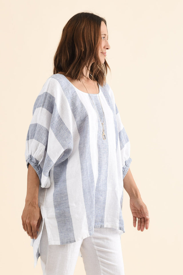 Nassau Steel Stripe Linen Top,Side,Brunette model,alt text|model:Cara image 3