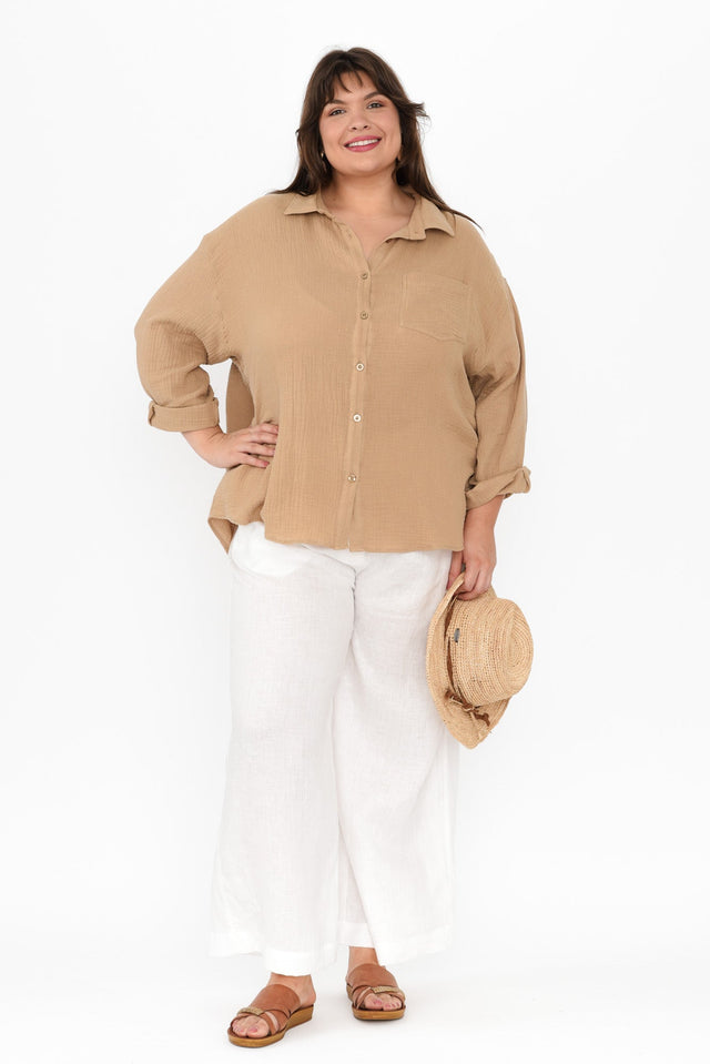 Natalia Beige Cotton Cheesecloth Shirt,Brunette model,alt text|model:Gabby image 10