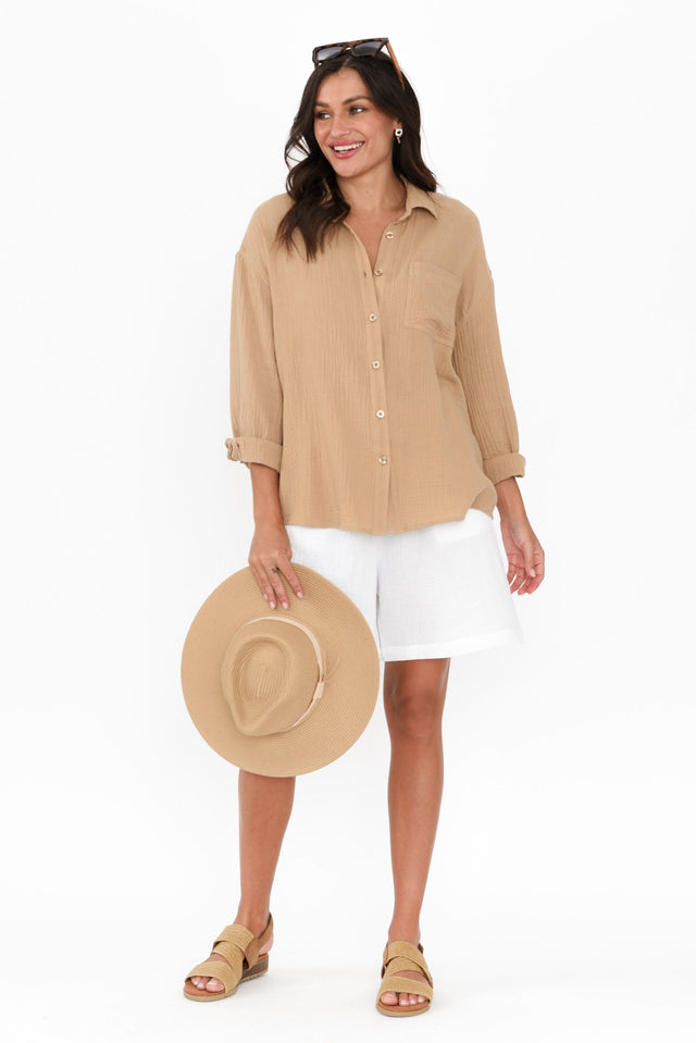 Natalia Beige Cotton Cheesecloth Shirt,Brunette model,alt text|model:Brontie image 3