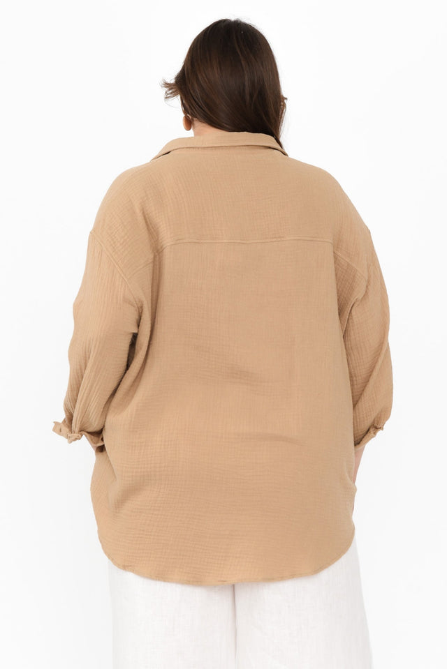 Natalia Beige Cotton Cheesecloth Shirt,Brunette model,alt text|model:Gabby image 11