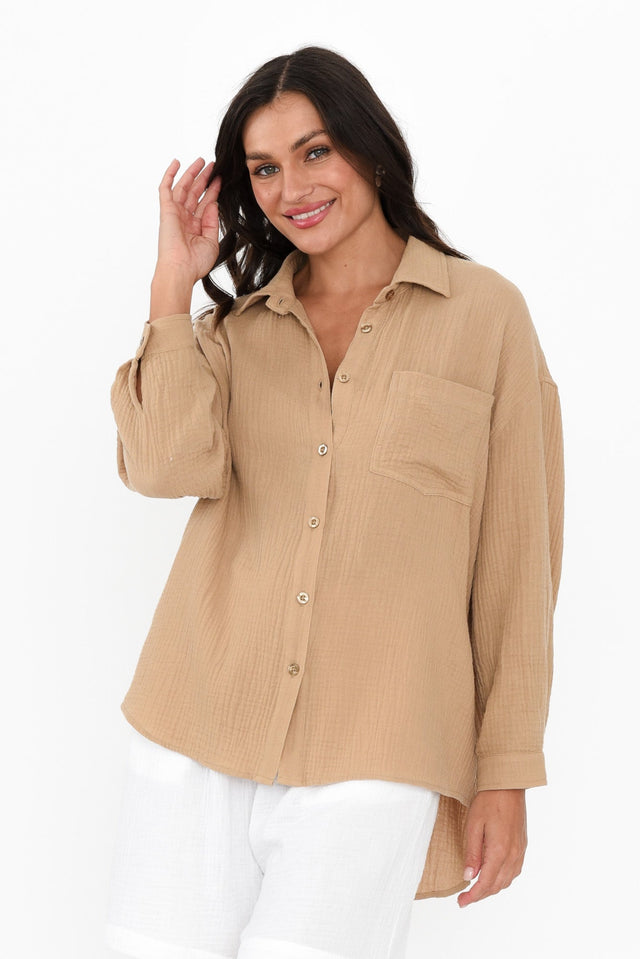 Natalia Beige Cotton Cheesecloth Shirt,Brunette model,alt text|model:Brontie image 4