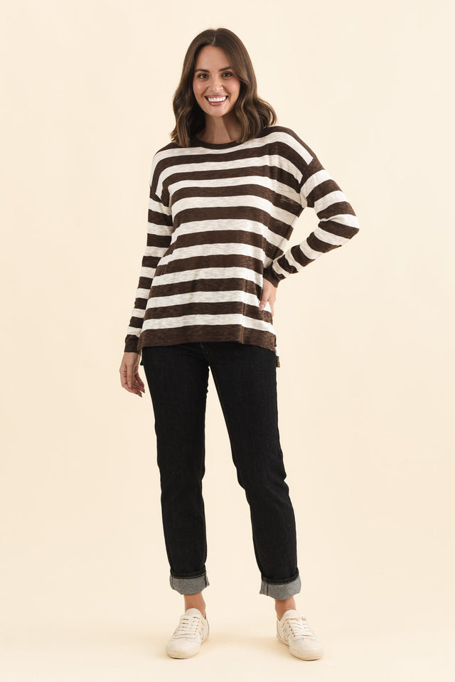 Natasha Chocolate Stripe Knit Top,Brunette model,alt text|model:MJ image 7