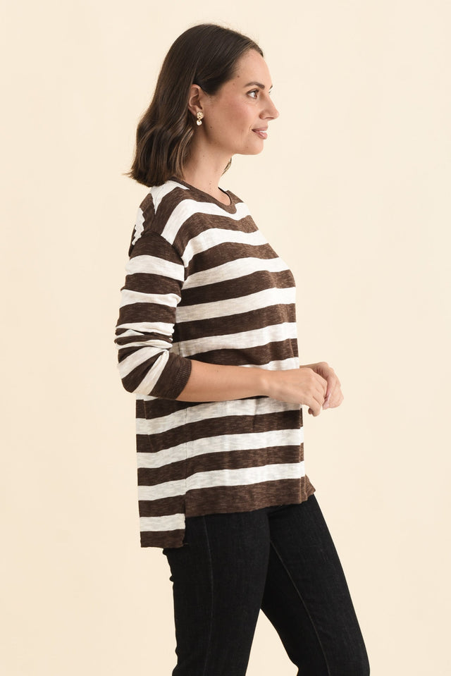 Natasha Chocolate Stripe Knit Top,Brunette model,alt text|model:MJ image 4