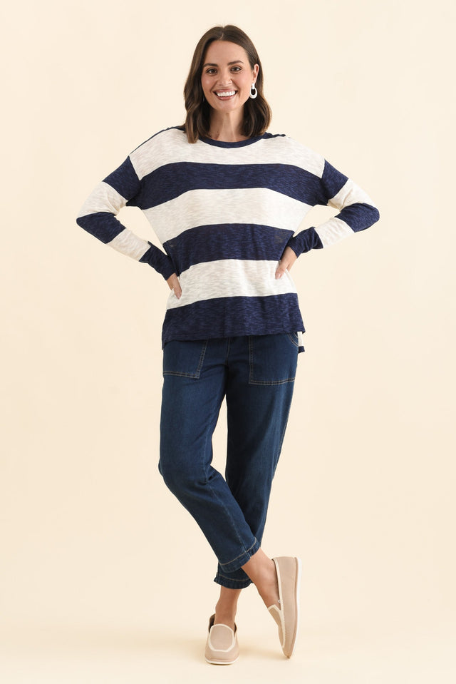 Natasha Dark Navy Stripe Knit Top,Brunette model,alt text|model:MJ image 8