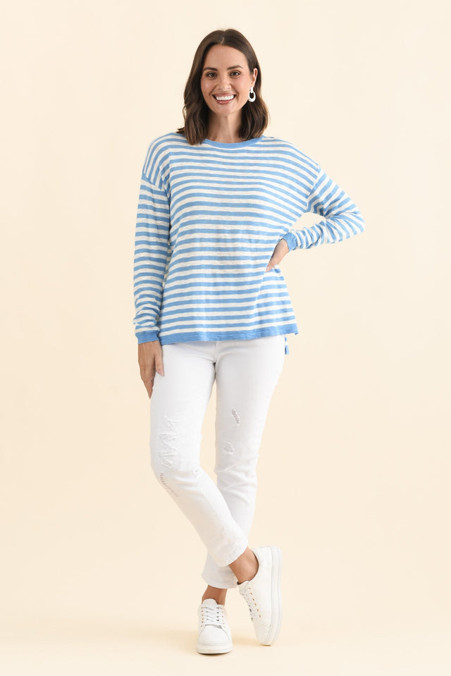 Natasha Sky Blue Stripe Knit Top,Brunette model,alt text|model:MJ image 7