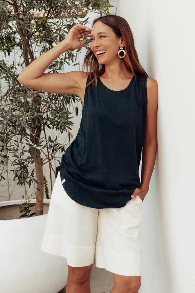 Navy Cotton Scoop Tank,Lifestyle image 1
