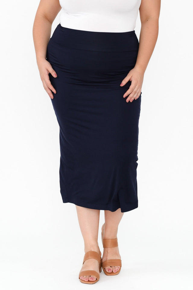 Navy Bamboo Maxi Tube Skirt,Brunette model,alt text|model:Gabby image 11