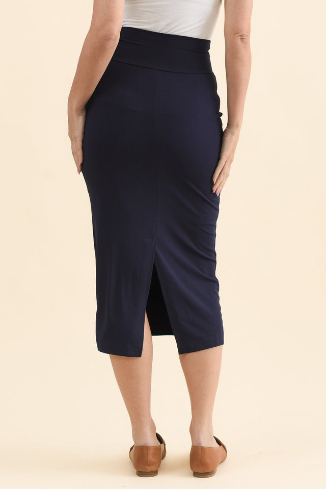 Navy Bamboo Maxi Tube Skirt,Back,Brunette model,alt text|model:MJ image 5