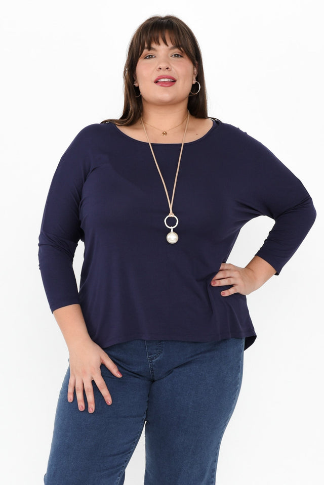 Navy Milan 3/4 Sleeve Top,Brunette model,plus-size,curve-basics,curve-tops,plus-size-sleeved-tops,plus-size-basic-tops,plus-size-winter-clothing,alt text|model:Gabby image 8