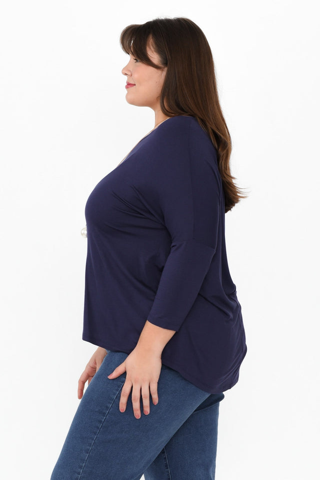 Navy Milan 3/4 Sleeve Top,Brunette model,alt text|model:Gabby image 10