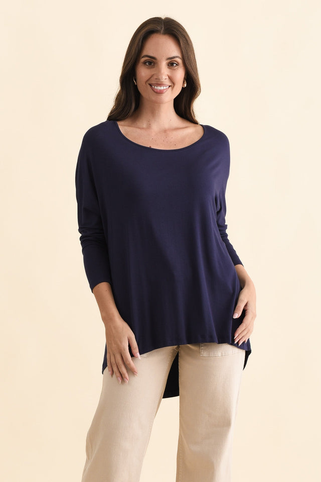 Navy Milan 3/4 Sleeve Top,Brunette model,alt text|model:MJ image 2