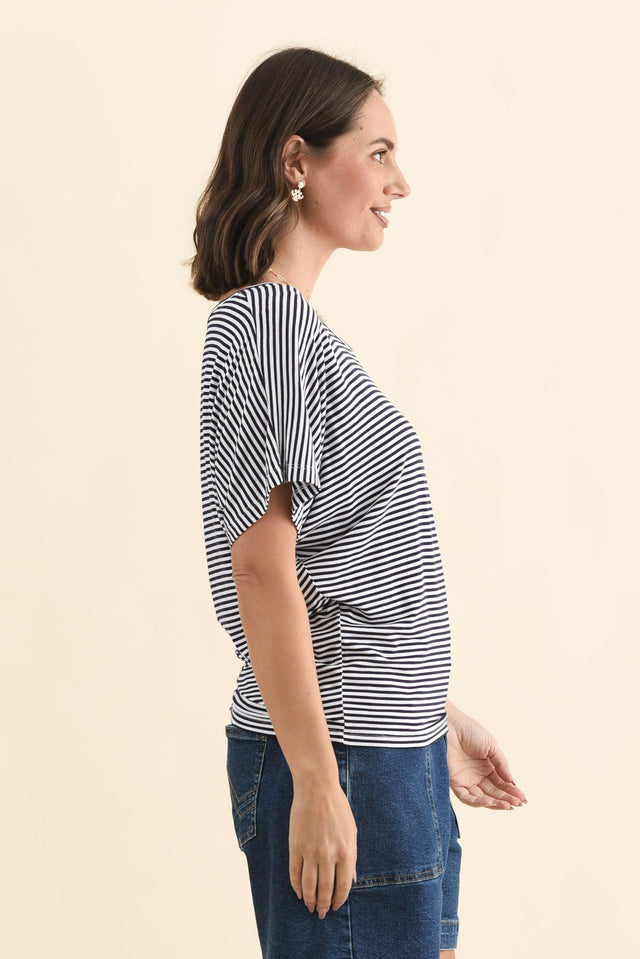 Navy and White Stripe Maui Tee,Brunette model,alt text|model:MJ image 3