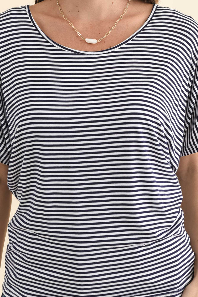 Navy and White Stripe Maui Tee,Brunette model,alt text|model:MJ image 5