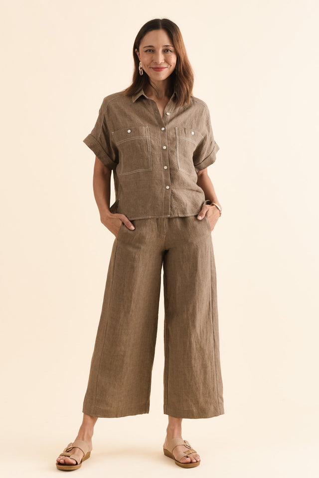 Neesha Mocha Linen Shirt,Full Body,Brunette model,alt text|model:Cara image 6