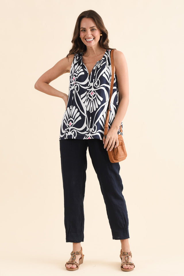 Neisha Navy Abstract Tassel Top,Full Body,Brunette model,alt text|model:MJ image 2