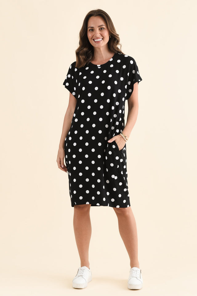 Nicks Black Spot Bamboo Tee Dress,Front,Brunette model,alt text|model:MJ image 1