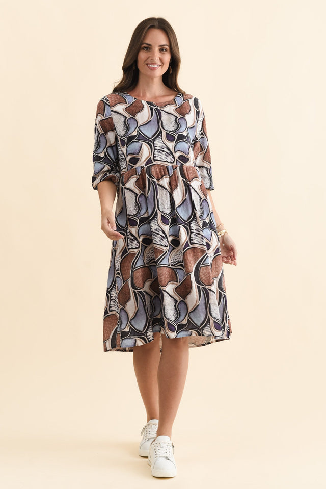 Nicolette Blue Abstract Cotton Blend Sleeved Dress,Brunette model,alt text|model:MJ image 3