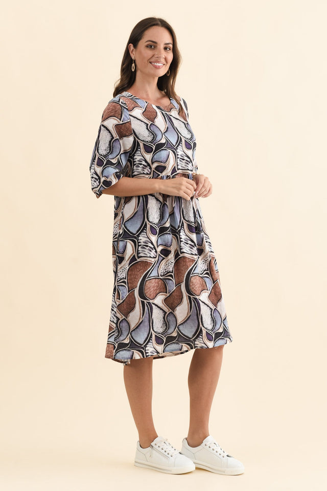 Nicolette Blue Abstract Cotton Blend Sleeved Dress,Brunette model,alt text|model:MJ image 4