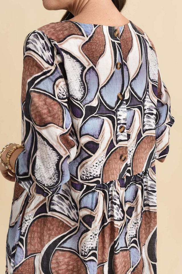 Nicolette Blue Abstract Cotton Blend Sleeved Dress,Brunette model,alt text|model:MJ image 6