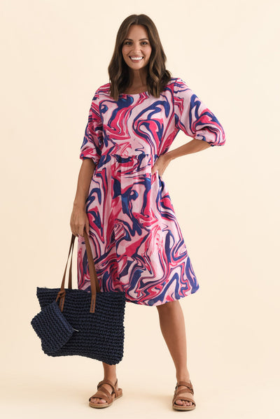 Nicolette Fuchsia Swirl Cotton Blend Sleeved Dress