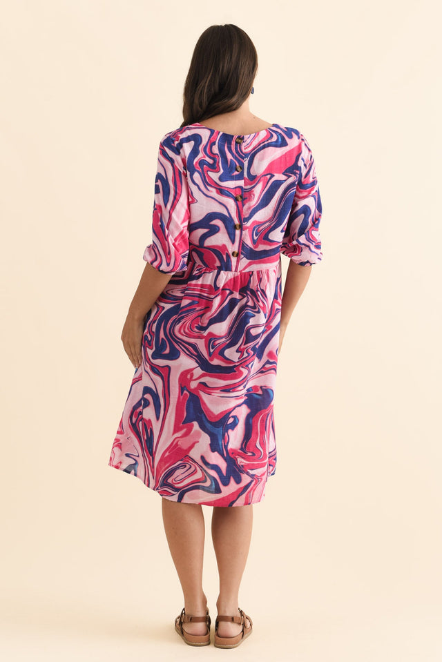 Nicolette Fuchsia Swirl Cotton Blend Sleeved Dress,Brunette model,alt text|model:MJ image 5