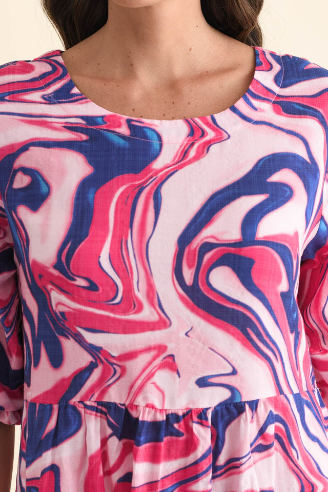 Nicolette Fuchsia Swirl Cotton Blend Sleeved Dress,Brunette model,alt text|model:MJ image 6