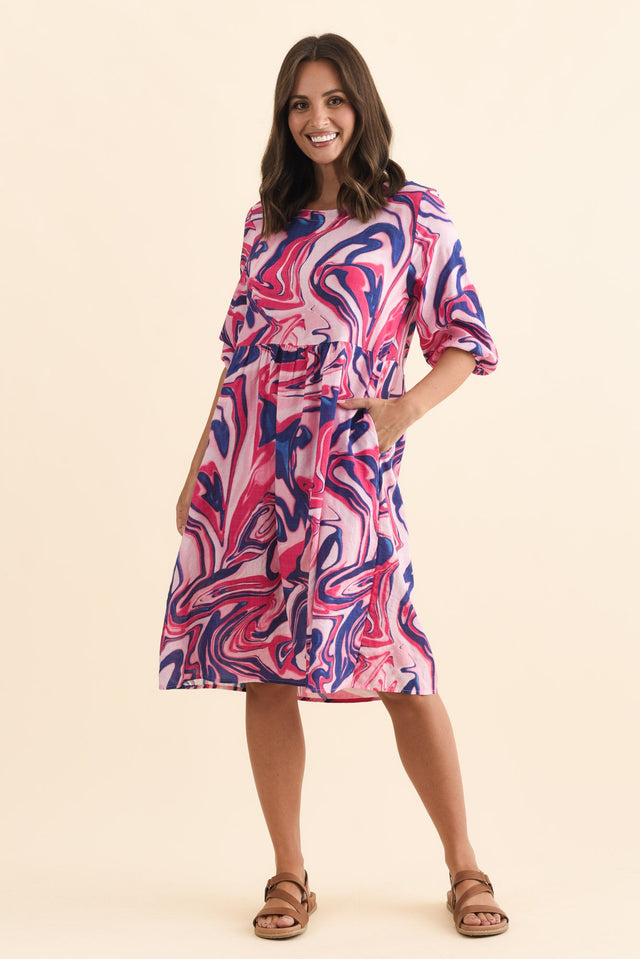Nicolette Fuchsia Swirl Cotton Blend Sleeved Dress,Brunette model,alt text|model:MJ image 7