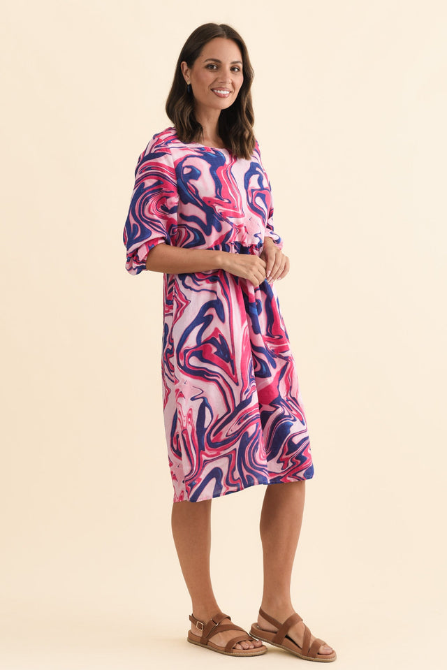 Nicolette Fuchsia Swirl Cotton Blend Sleeved Dress,Brunette model,alt text|model:MJ image 4