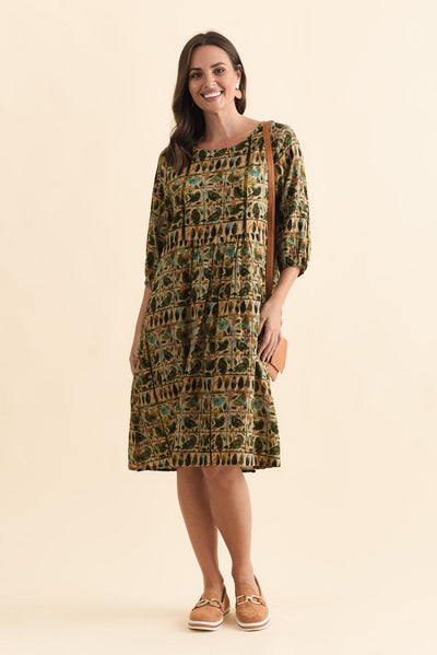 Nicolette Green Motif Cotton Blend Sleeved Dress