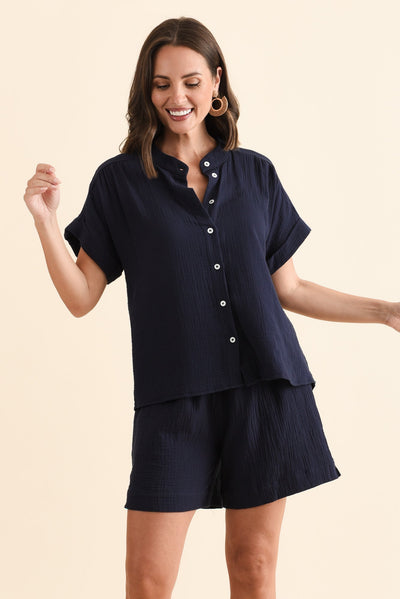 Nicoline Navy Cotton Button Top