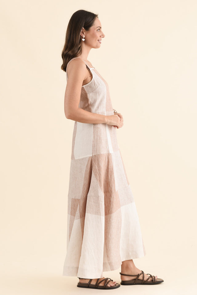 Nixie Beige Check Linen Dress,Side,Brunette model,alt text|model:MJ image 3