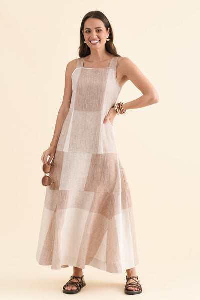 Nixie Beige Check Linen Dress