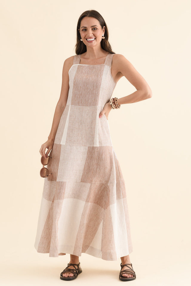 Nixie Beige Check Linen Dress,Front,Brunette model,alt text|model:MJ image 1