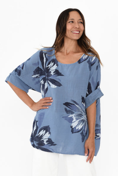 Noel Blue Flower Cotton Top