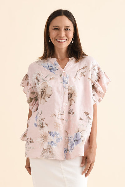 Noella Pink Floral Linen Ruffle Top