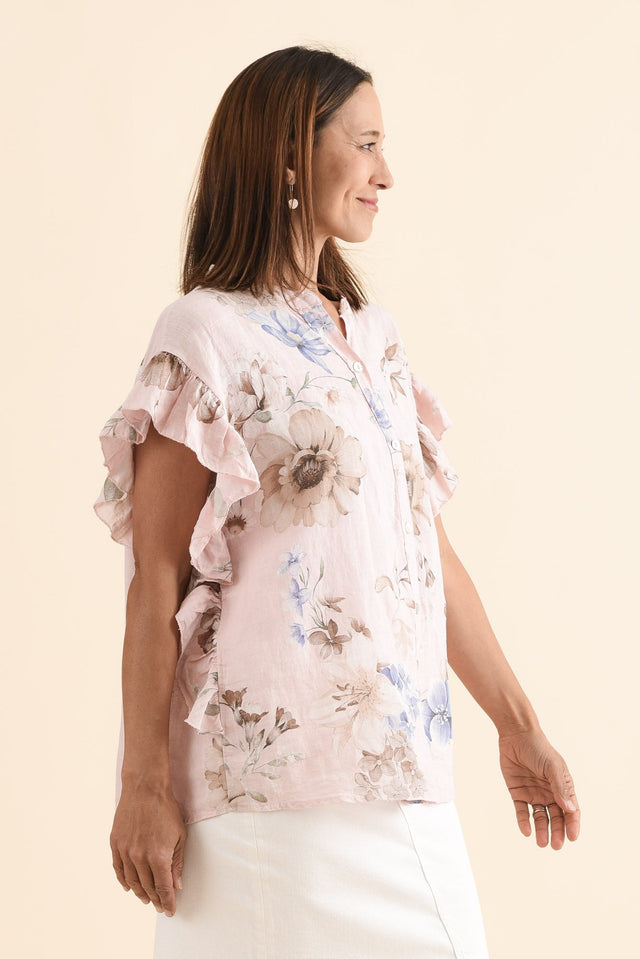 Noella Pink Floral Linen Ruffle Top,Side,Brunette model,alt text|model:Cara image 3