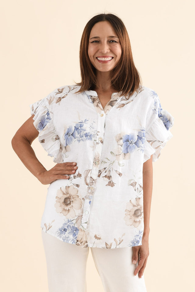 Noella White Floral Linen Ruffle Top,Front,Brunette model,alt text|model:Cara image 1