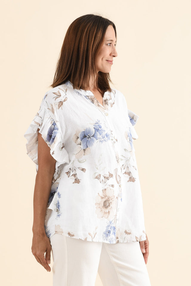 Noella White Floral Linen Ruffle Top,Side,Brunette model,alt text|model:Cara image 3