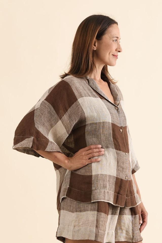 Noemi Chocolate Check Linen Shirt,Side,Brunette model,alt text|model:Cara image 3