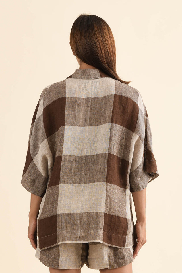Noemi Chocolate Check Linen Shirt,Back,Brunette model,alt text|model:Cara image 4