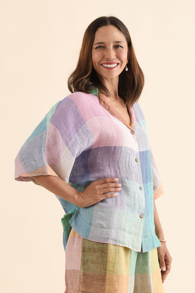 Noemi Multi Check Linen Shirt,Side,Brunette model,alt text|model:Cara image 3