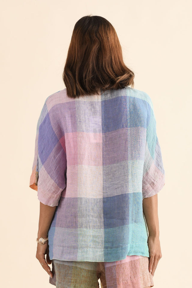 Noemi Multi Check Linen Shirt,Back,Brunette model,alt text|model:Cara image 4